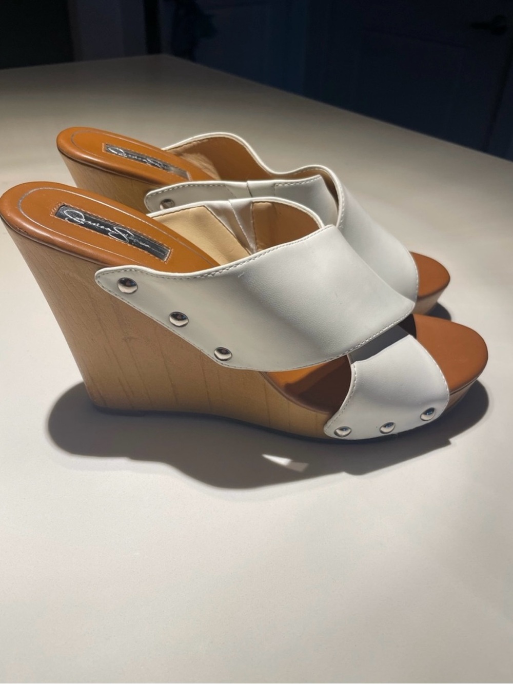 Jessica Simpson White Leather Wedge Slide Sandals with Wood-Look Platform